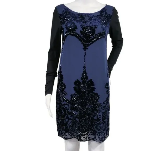 NWT Hale Bob Beaded Elisa Velvet Dress Burnout Long Sleeve Shift Blue Women's XS - Picture 2 of 14